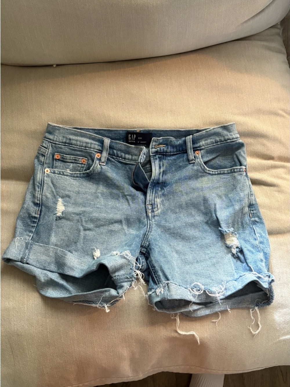 GAP Light Blue Ripped Denim Roll-Hem Shorts